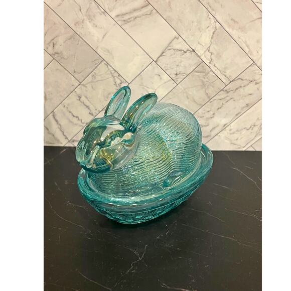 Teal Iridescent Glass Bunny Covered Dish – Hen on Nest Style - Picture 2 of 6